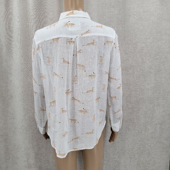 Rails Charli Shirt Jungle Cat Leopard Linen Rayon Button Down Shirt White - Picture 7 of 14